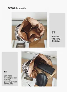 Vue détaillée de l'intérieur du sac cabas léopard montrant la poche zippée et sa capacité