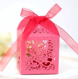 Detail of pink laser-cut flower pattern gift box with sheer organza ribbon bow