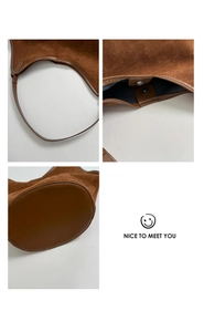Detailed views of brown suede tote bag featuring magnetic closure and leather strap accents