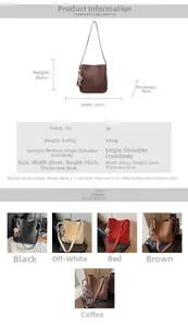 Detailed size specifications for women's bucket bag with five color options displayed