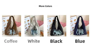 Collage of canvas tote bags with elephant print and plaid ribbon in four colors