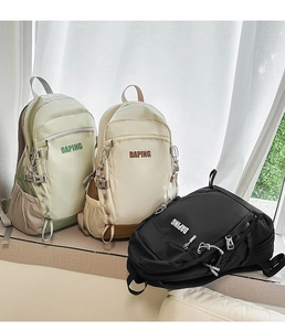 Detailed comparison of mint green, off-white, and black casual canvas backpacks with logo