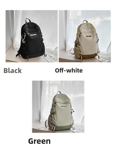Detailed view of the multi-pocket backpacks in black, off-white, and olive green colors