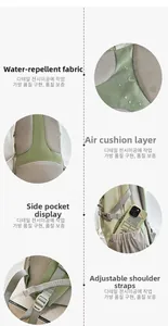 Detail view of water-resistant green backpack featuring breathable air cushion padding