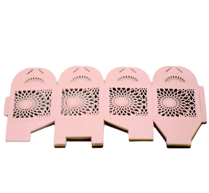 Pink laser-cut paper gift box featuring intricate floral sunflower patterns in flat layout