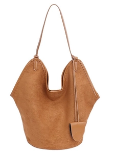 Minimalist brown suede bucket tote bag with long shoulder straps and spacious interior