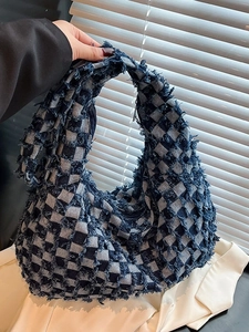 Vintage Large Capacity Denim Checkerboard Tote Bag For Women Frayed Fringe Edge Shoulder Bag Casual Distressed Crossbody Bag
