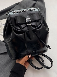 Vintage PU Leather Bow Mini Backpack For Women Shiny Metallic Silver Wine Red Black Brown Chain Strap Drawstring Bucket Bag Fashion Commuter Bag