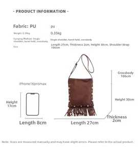 Size specification chart for fringe bucket bag with crossbody strap and rivet details