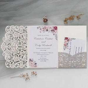Laser cut lace wedding invitation set with floral inner card and glitter pocket insert