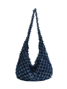 Retro denim checkerboard hobo bag with frayed edges and large capacity for daily use