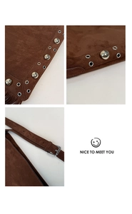 Detail view of brown suede handbag featuring metallic rivets and stylish fringe accents