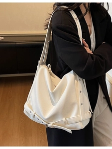 White large capacity shoulder bag with lychee texture and adjustable silver buckle strap