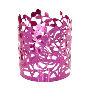 Macro shot of rose flower laser cut design napkin ring in glossy metallic purple finish
