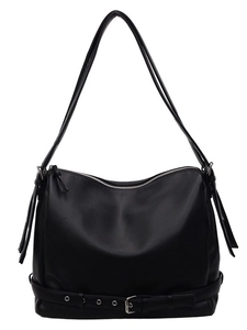 Minimalist black leather tote bag with lychee texture and metallic zipper for women
