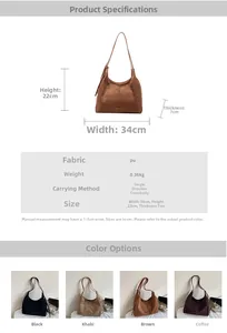 Tabella taglie con larghezza 34cm, altezza 22cm e parametri per la borsa in PU minimal