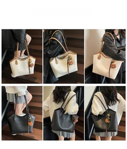 Multiple views of fashion large tote bag shown with model on stairs for style and size
