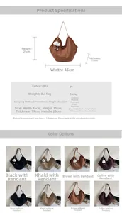 Detailed technical specifications and dimension chart for the large PU leather tote bag