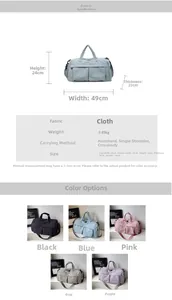 Size chart showing large travel bag dimensions and lightweight cloth material details