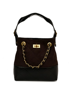 Quilted tote bag in brown and black contrast with gold turn-lock and chain detail