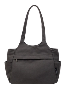 Borsa tote in tela grigio scuro resistente con tasca frontale e manici lunghi a spalla