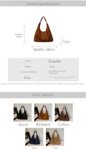 Detailed size chart and dimensions for the laser-cut flower suede tote bag