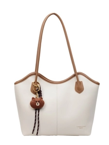 Large capacity cream PU leather tote bag with brown trim and cute bear charm