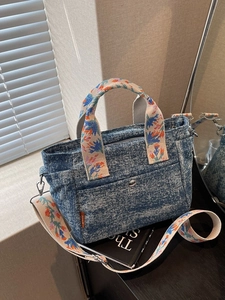 Denim tote bag with floral embroidered strap for women casual autumn fashion use