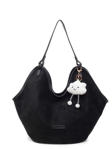 Retro black suede large capacity hobo bag with cute white cloud plush pendant charm
