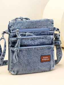 Vintage Washed Cloth Crossbody Bag For Women Multi Layer Zipper Mobile Phone Bag Casual Retro Denim Shoulder Bag Adjustable Strap