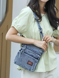 Retro washed denim crossbody bag for women with multi-layer zippers and adjustable strap