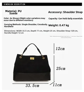 Detailed size specifications of black faux suede quilted tote bag with gold hardware