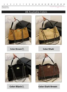Collage of four color options for the suede tote bag with chain strap and gold hardware