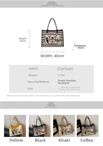 Guide des tailles détaillé pour tote bag en toile rayée avec dimensions et spécifications