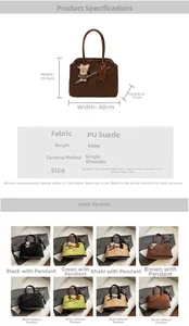 Detailed size specifications and color options for large suede leather tote bag