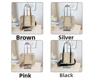 Woven crossbody bags in brown, silver, pink, and black colors with adjustable straps