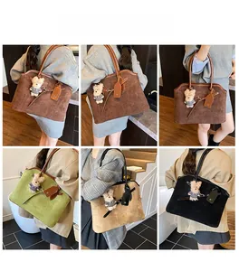 Collage of large matte suede tote bags in various colors shown on models with outfits