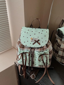 Sweet College Style Plaid Backpack For Women In Mint Green Color Block Star Pattern Bow Decoration Student School Bag