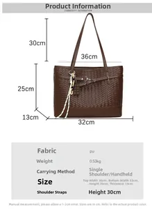 Detailed size chart for brown woven tote bag showing dimensions for shoulder and hand carry