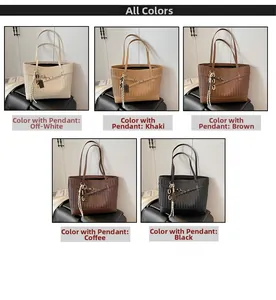Close-up of woven texture large tote bags in beige, khaki, brown, and black options