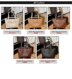 Five colors of woven tote bags showing texture in off-white, khaki, brown, and black