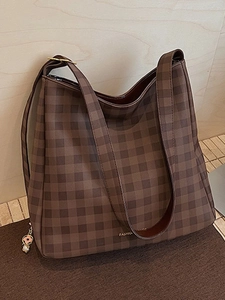 Borsa Hobo a Scacchiera di Grande Capacità in Pelle PU Borsa Tote a Quadri Con Ciondolo di Perla Artificial per Donna Pendolarismo Quotidiano Casual Borsa a Tracolla