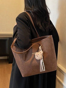 Deep brown large capacity faux suede tote bag with plush bear pendant for daily commute