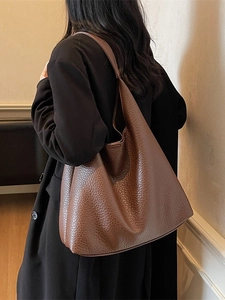 Brown large capacity tote bag for women featuring premium lychee pattern texture
