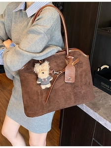 Retro brown suede tote bag with large capacity and cute plush puppy charm for women