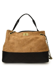 Retro brown suede tote bag with diamond quilting, black leather trim and gold chain strap
