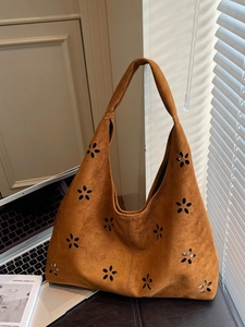 Women Retro Suede Shoulder Bag Laser Cut Floral Hollow Out Tote Bag Large Capacity Casual Commute Hobo Bag Solid Color