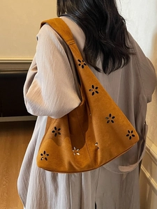 Brown hollow-out tote bag in suede finish with floral laser-cut design for women