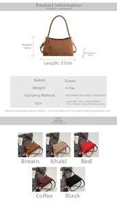 Detail view of suede handbag dimensions and texture specifications for casual tote bags