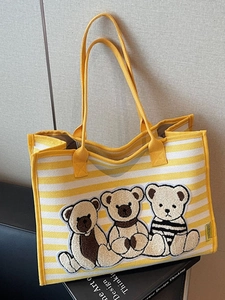 Sac Fourre-Tout en Toile Rayée Grande Capacité Broderie Ours de Dessin Animé Sac à Bandoulière Décontracté Sac à Main Quotidien